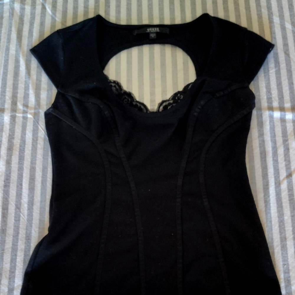 Gently Used GUESS Black Cap Sleeve Top with Lace Detail Size M